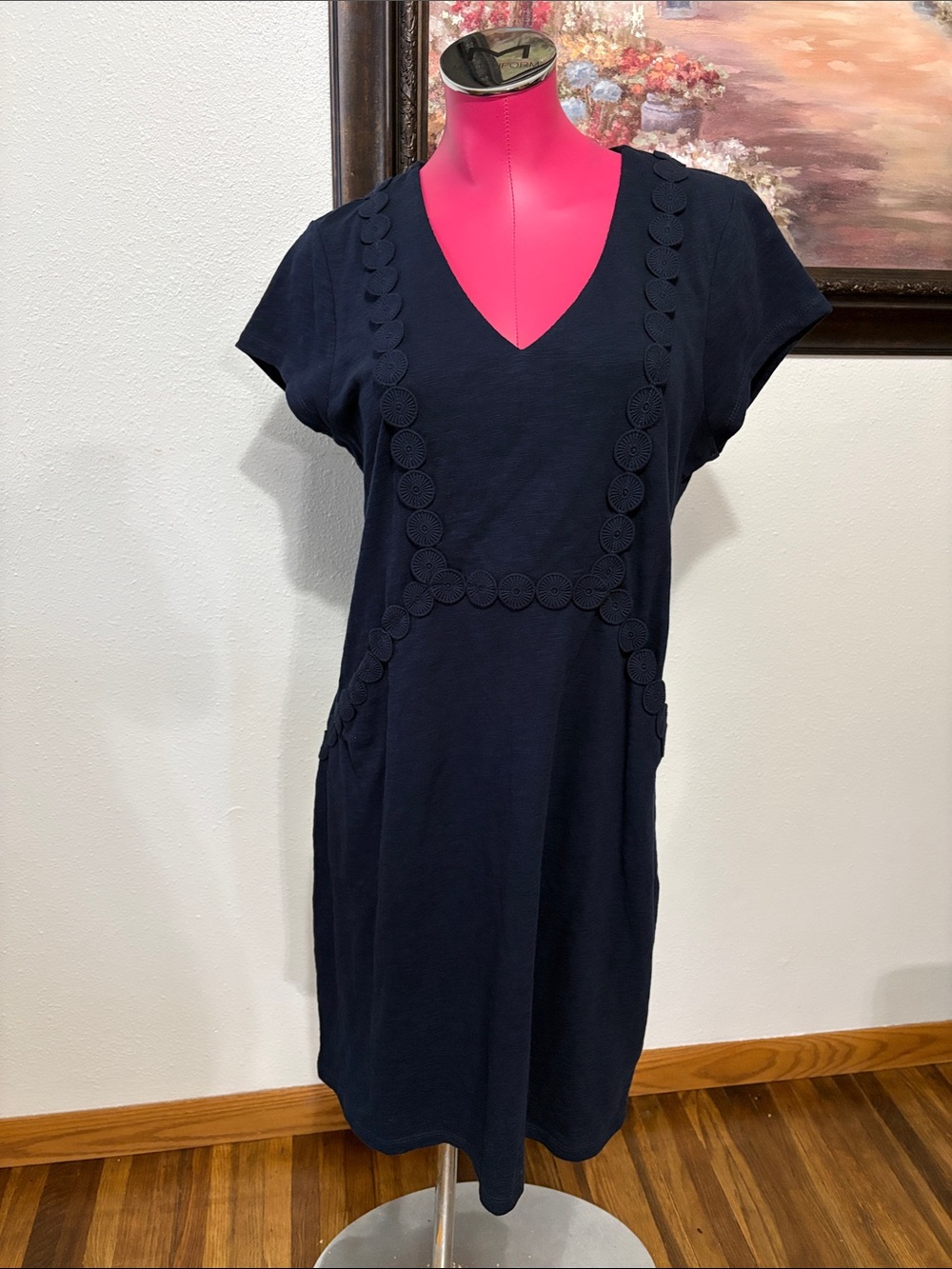 Boden Circular Medallion Shift Shirt Dress Size 12R Stretch Pocket Navy Blue